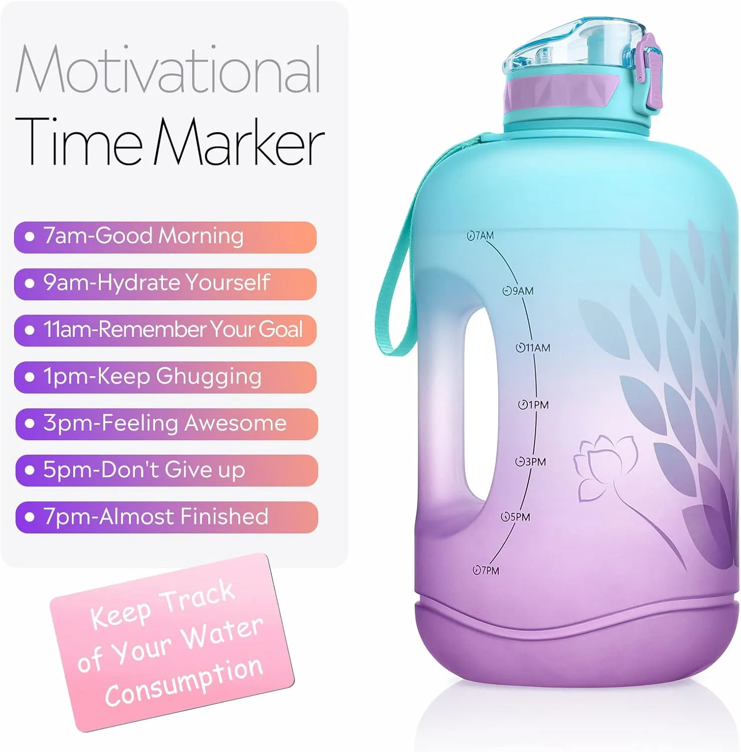 TOBA Motivational BPA Free Water Jug Large Sports Water Bottle Leakproof Drinking, 1 Gallon 128 oz, Petal