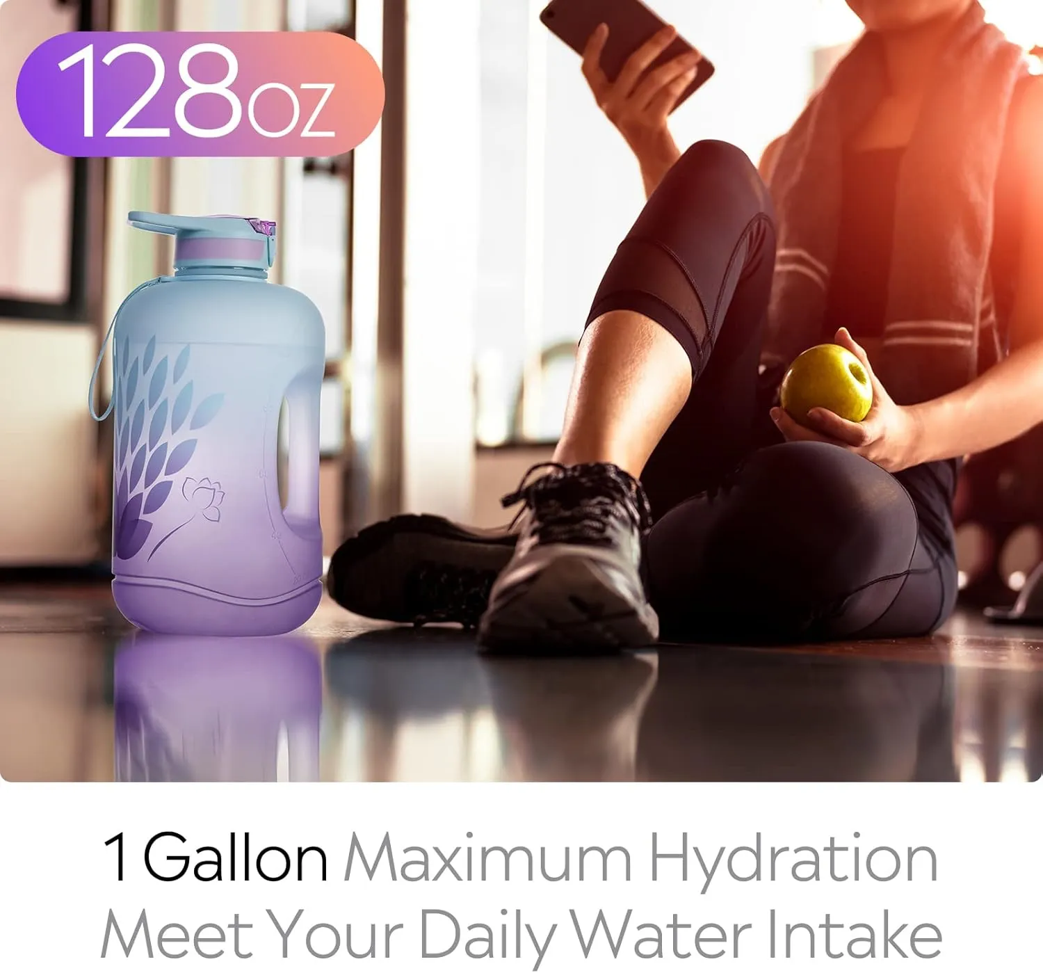TOBA Motivational BPA Free Water Jug Large Sports Water Bottle Leakproof Drinking, 1 Gallon 128 oz, Petal