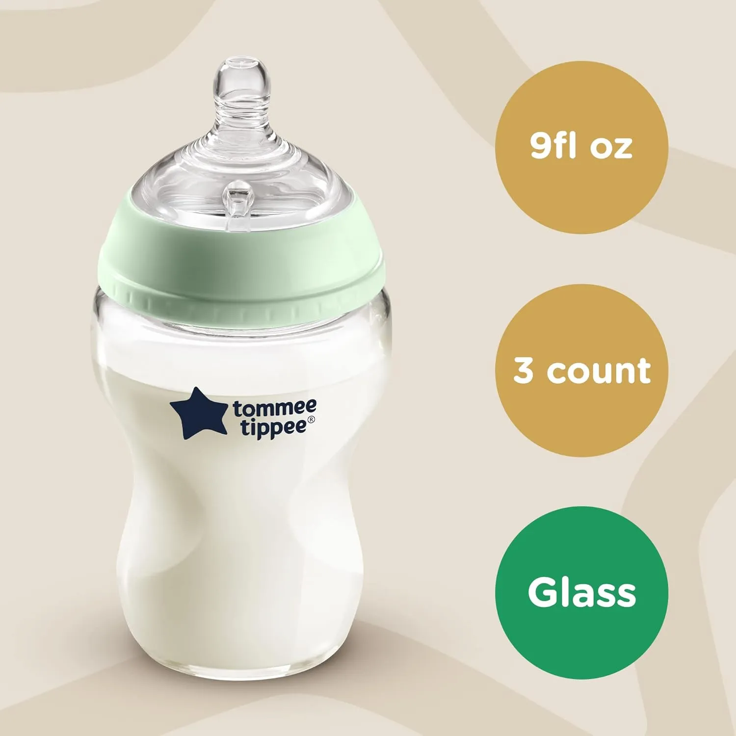 Tommee Tippee Closer to Nature 3 in 1 Convertible Glass Baby Bottles, Anti-Colic Valve – 9-ounce, 3 Count