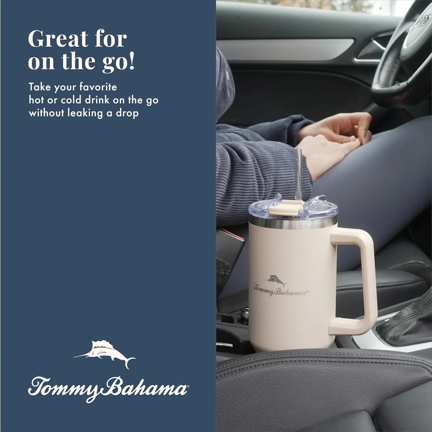 Tommy Bahama Vacuum Insulated Water Bottle with Straw - Double-Wall Stainless Steel, BPA Free, Keep Drinks Warm for 6 Hours or Cold for 12 Hours - White, 40oz