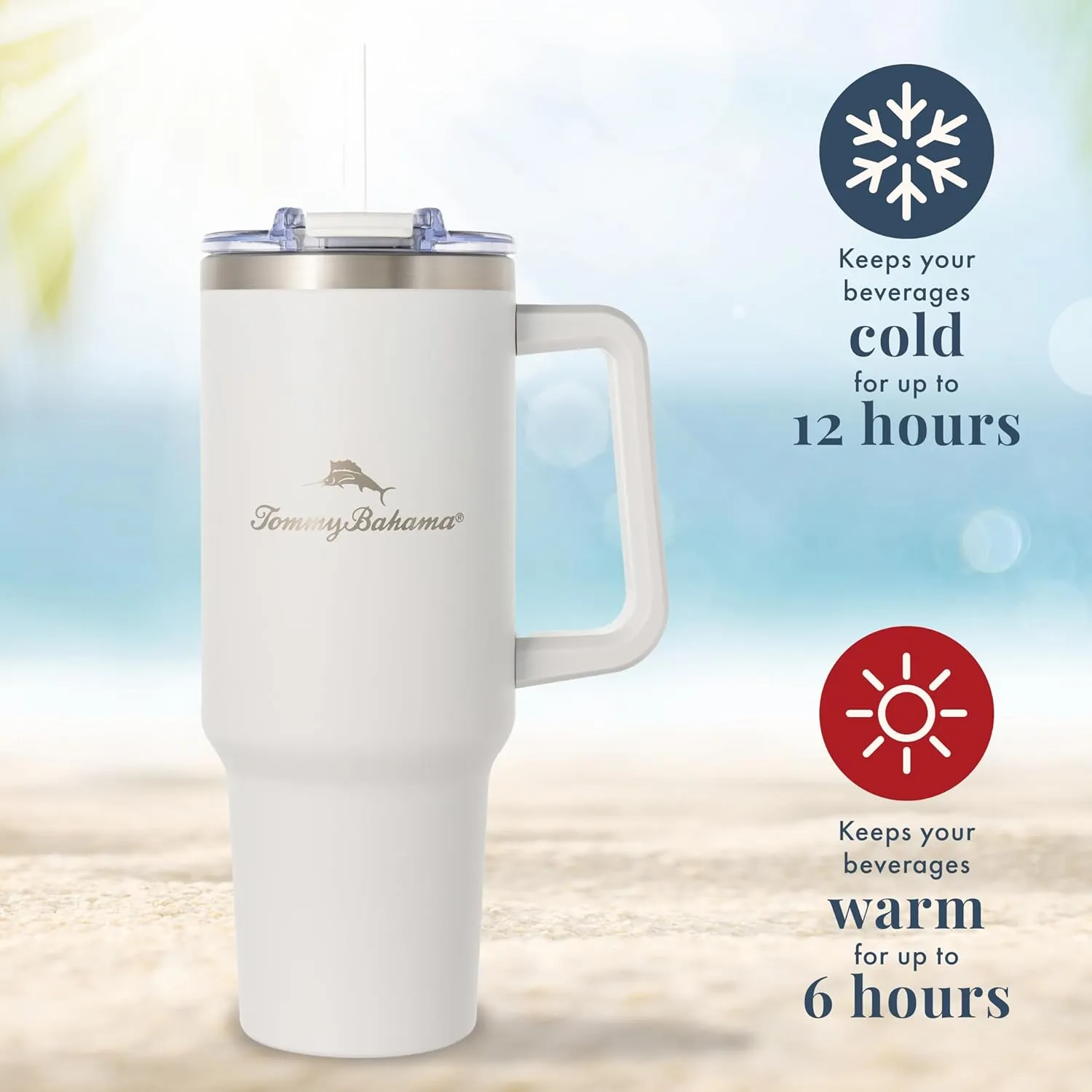 Tommy Bahama Vacuum Insulated Water Bottle with Straw - Double-Wall Stainless Steel, BPA Free, Keep Drinks Warm for 6 Hours or Cold for 12 Hours - White, 40oz