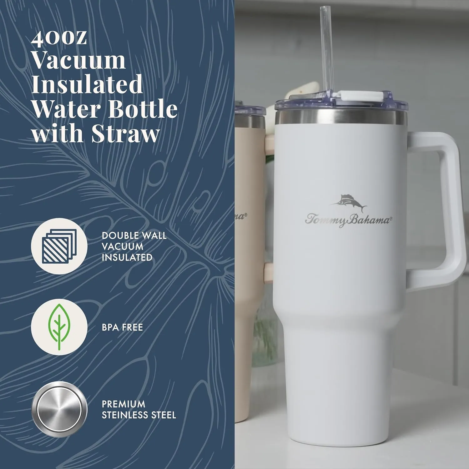 Tommy Bahama Vacuum Insulated Water Bottle with Straw - Double-Wall Stainless Steel, BPA Free, Keep Drinks Warm for 6 Hours or Cold for 12 Hours - White, 40oz
