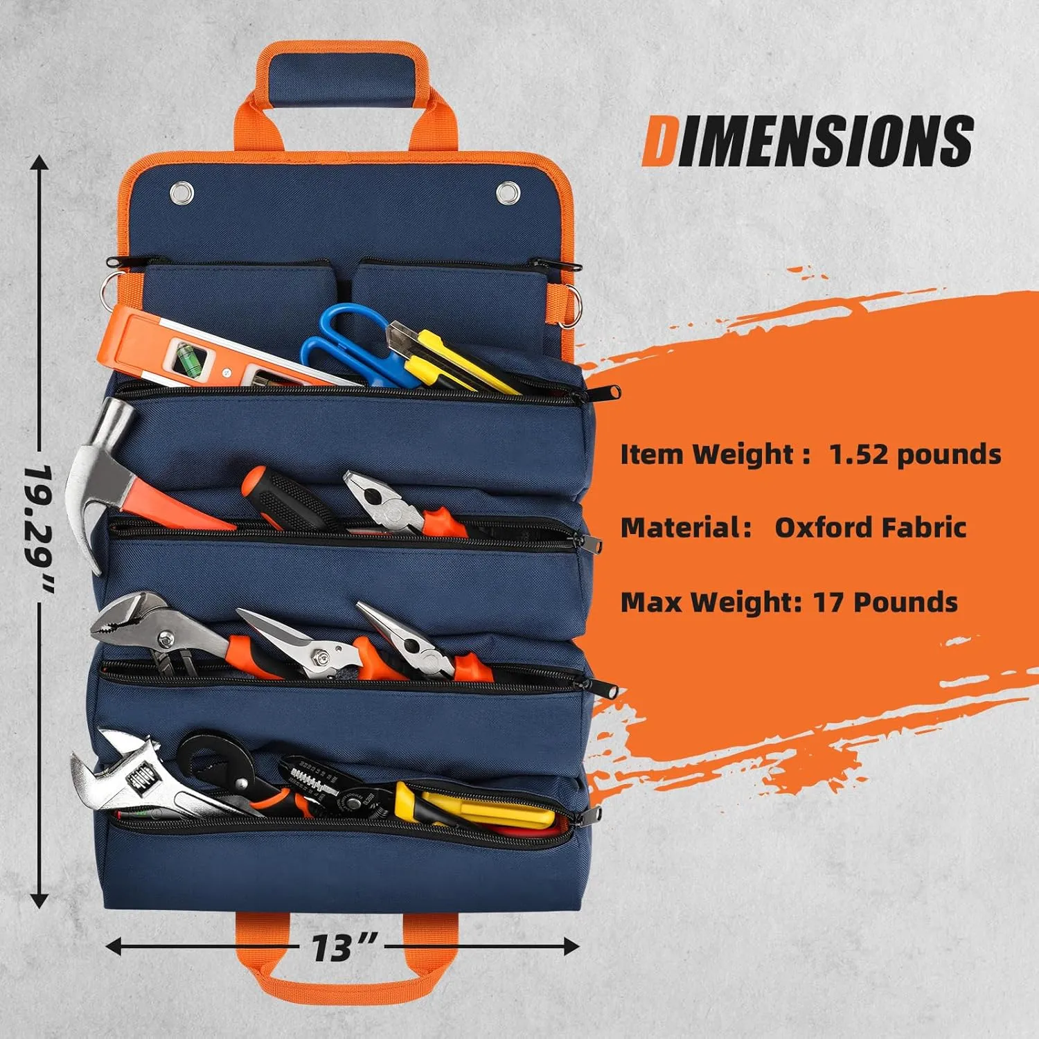 Tool Bag Roll Up, UUP Heavy Duty Rolled Empty Tool Storage Organization, Portable Foldable Rollup Organizer with 2 Small Pouches, Rollable Carrying Toolbag, Dad Men Mechanic Birthday Gift, Blue Orange