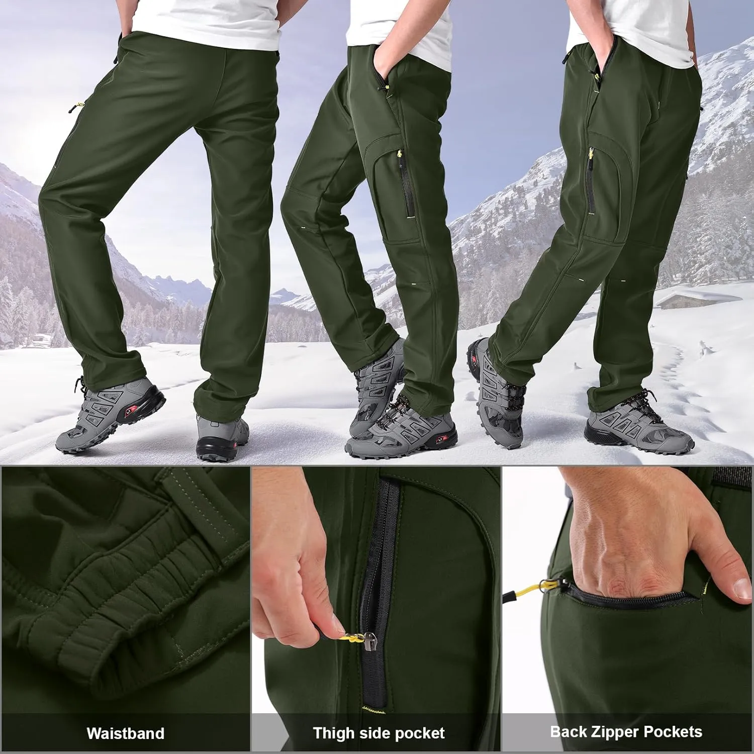 Toomett Men's hiking Snow Pants Skiing Winter Insulated Fleece lined Outdoor Water Repellent camping,walking,fishing