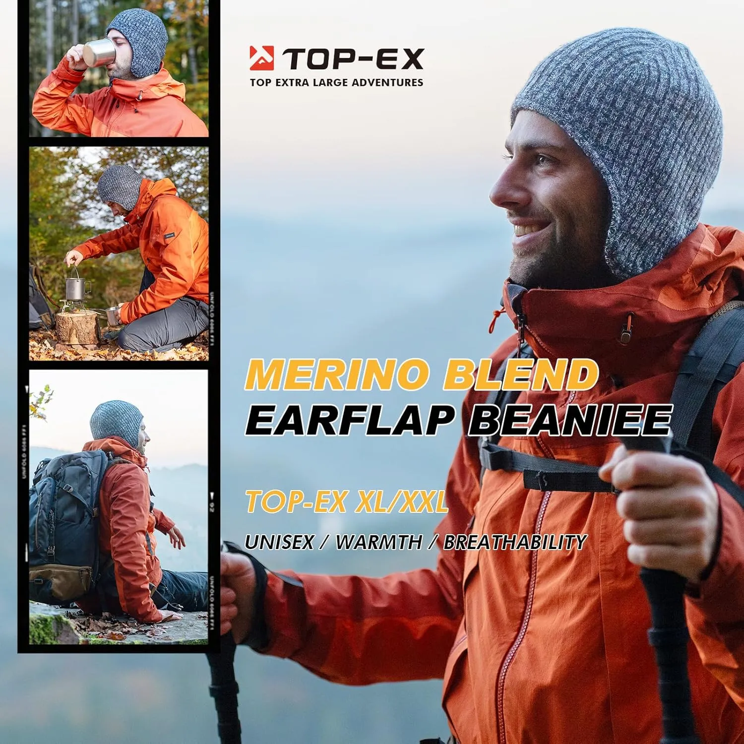 TOP-EX Oversized XL/XXL Merino Wool Blend Waterproof Earflap Beanie Fleece Lined Hat Winter Skull Cap