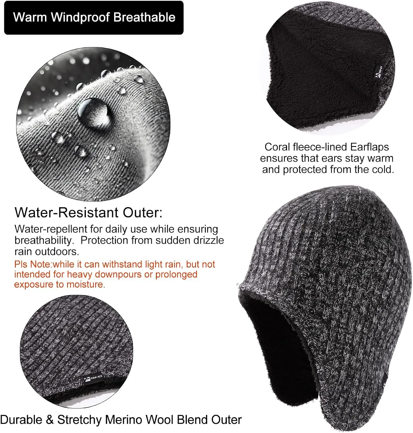 TOP-EX Oversized XL/XXL Merino Wool Blend Waterproof Earflap Beanie Fleece Lined Hat Winter Skull Cap