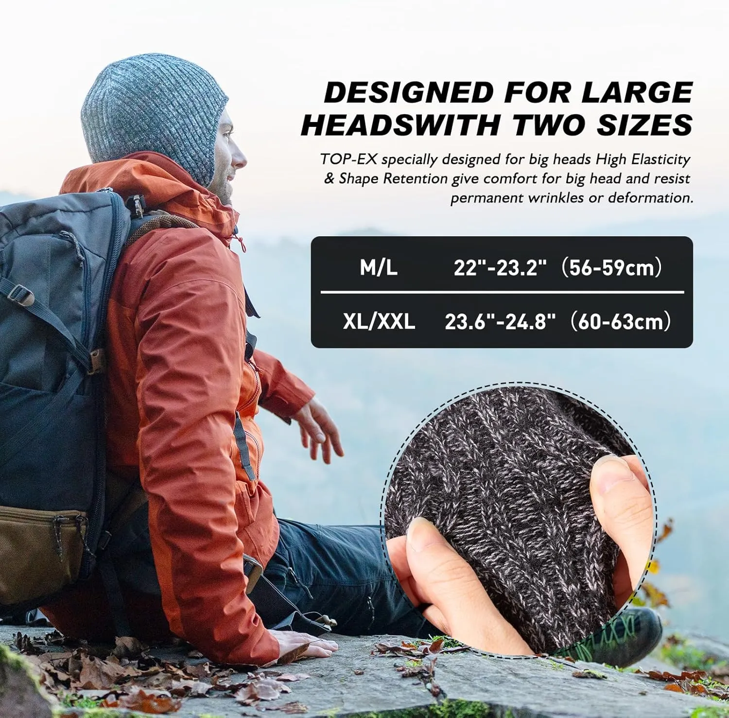 TOP-EX Oversized XL/XXL Merino Wool Blend Waterproof Earflap Beanie Fleece Lined Hat Winter Skull Cap