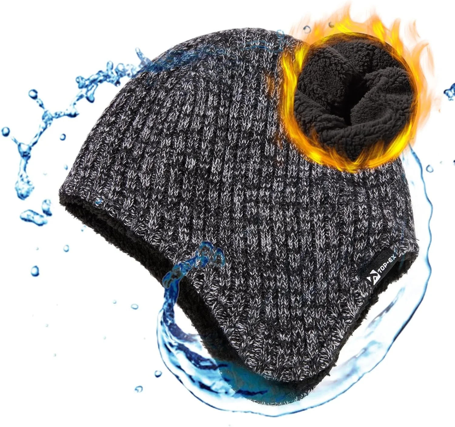 TOP-EX Oversized XL/XXL Merino Wool Blend Waterproof Earflap Beanie Fleece Lined Hat Winter Skull Cap