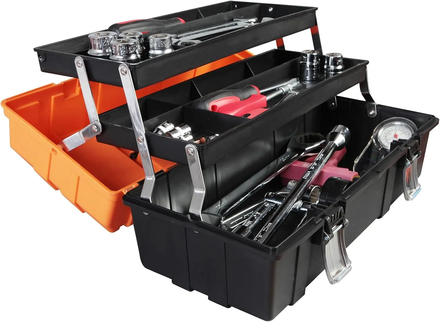 Torin 17-Inch Plastic Tool Box,3-Tiers Multi-Function Storage Portable Toolbox Organizer, Black/Orange ATRJH-3430T