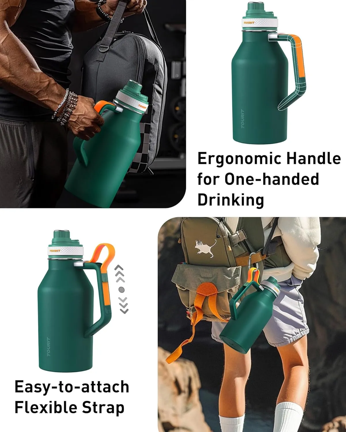 TOURIT 64oz Insulated Water Bottle Stainless Steel, Half Gallon Large Water Jug with 2-in-1 Handle, Double Wall Vacuum Metal Keep Cold & Hot, Wide Mouth Sport Water Flask For Gym, Travel, Pink