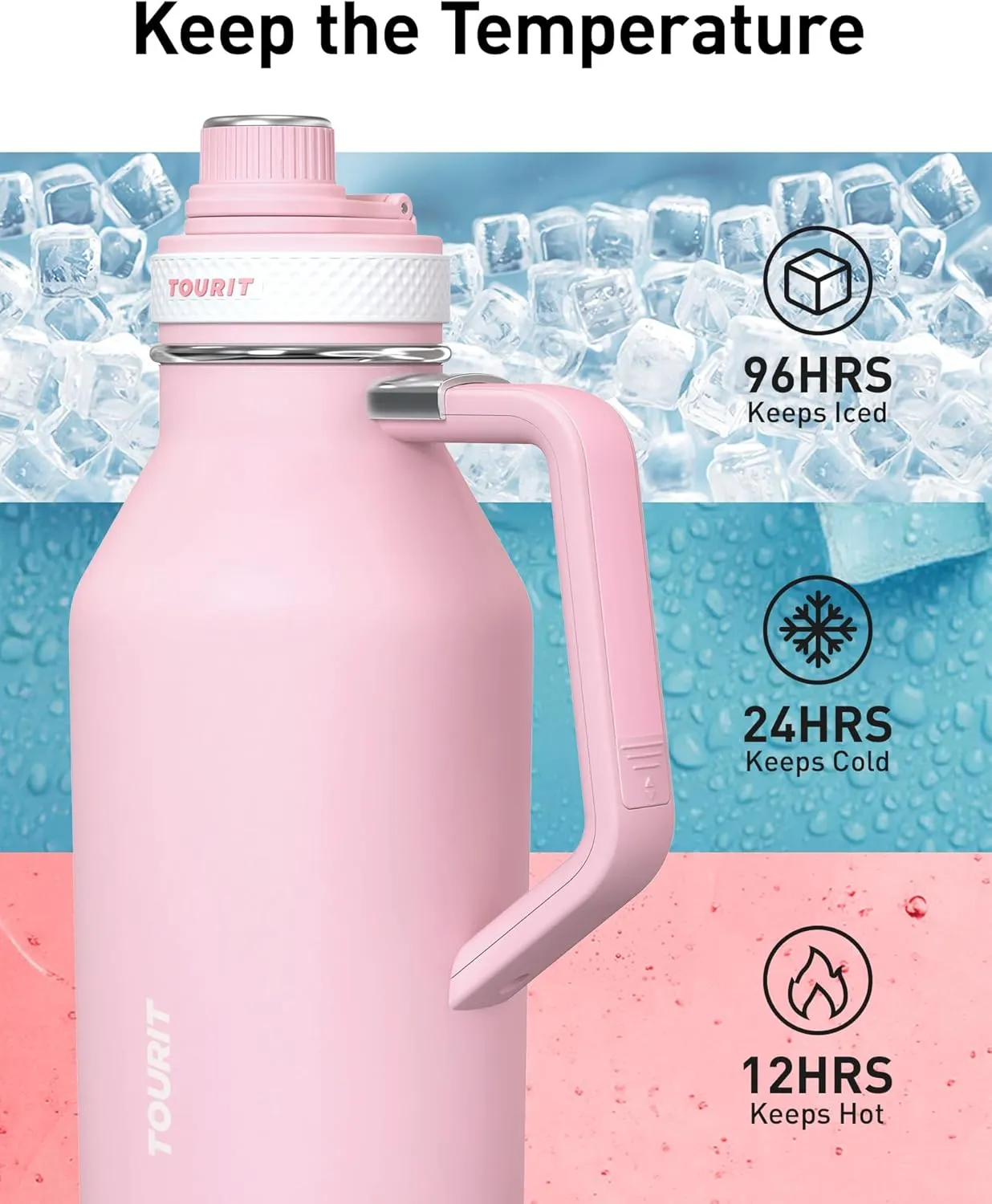 TOURIT 64oz Insulated Water Bottle Stainless Steel, Half Gallon Large Water Jug with 2-in-1 Handle, Double Wall Vacuum Metal Keep Cold & Hot, Wide Mouth Sport Water Flask For Gym, Travel, Pink