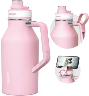 TOURIT 64oz Insulated Water Bottle Stainless Steel, Half Gallon Large Water Jug with 2-in-1 Handle, Double Wall Vacuum Metal Keep Cold & Hot, Wide Mouth Sport Water Flask For Gym, Travel, Pink