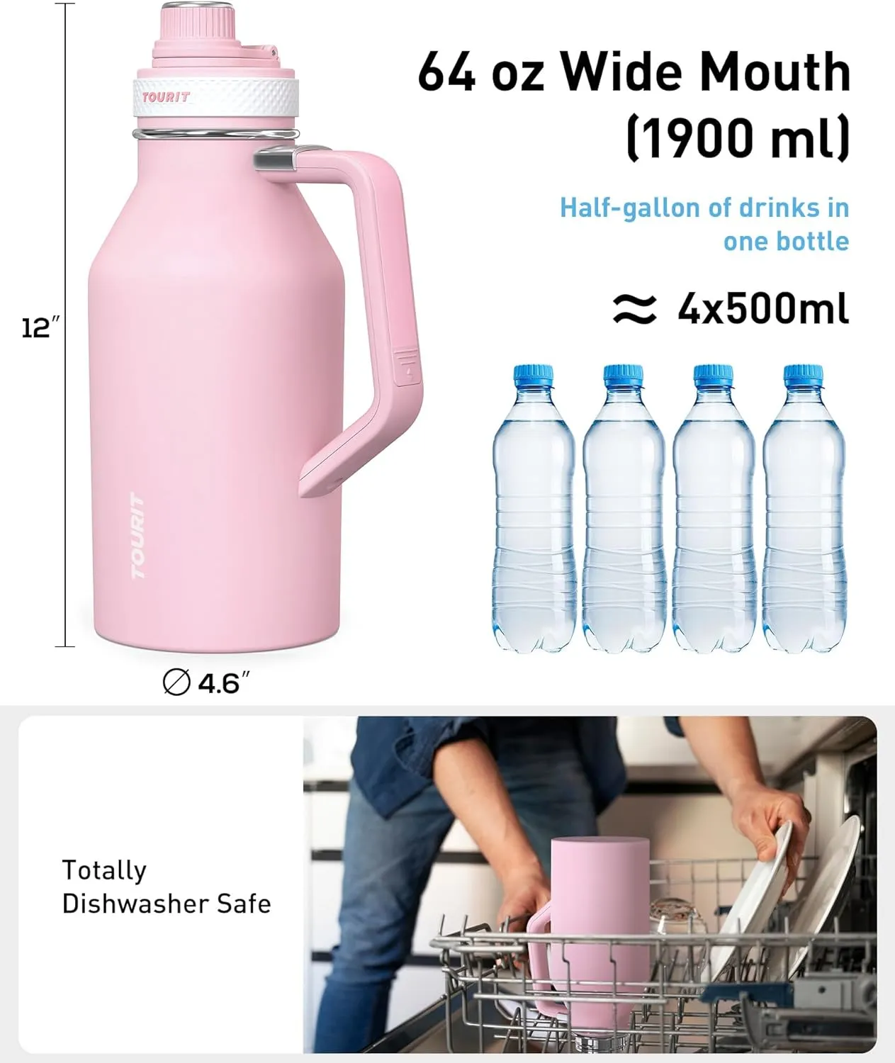 TOURIT 64oz Insulated Water Bottle Stainless Steel, Half Gallon Large Water Jug with 2-in-1 Handle, Double Wall Vacuum Metal Keep Cold & Hot, Wide Mouth Sport Water Flask For Gym, Travel, Pink