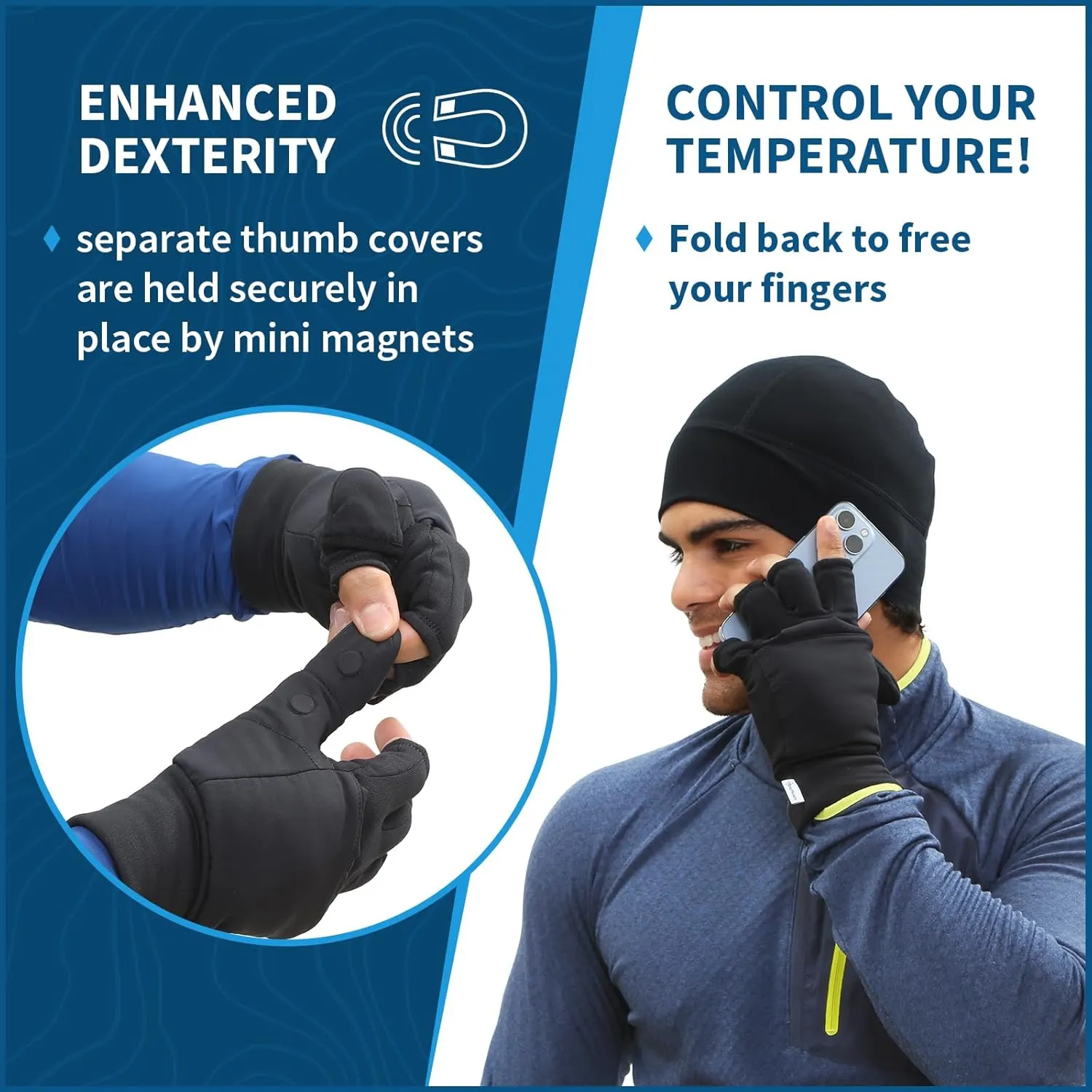 TrailHeads Men’s Insulated Convertible Mittens - Winter Running Mittens
