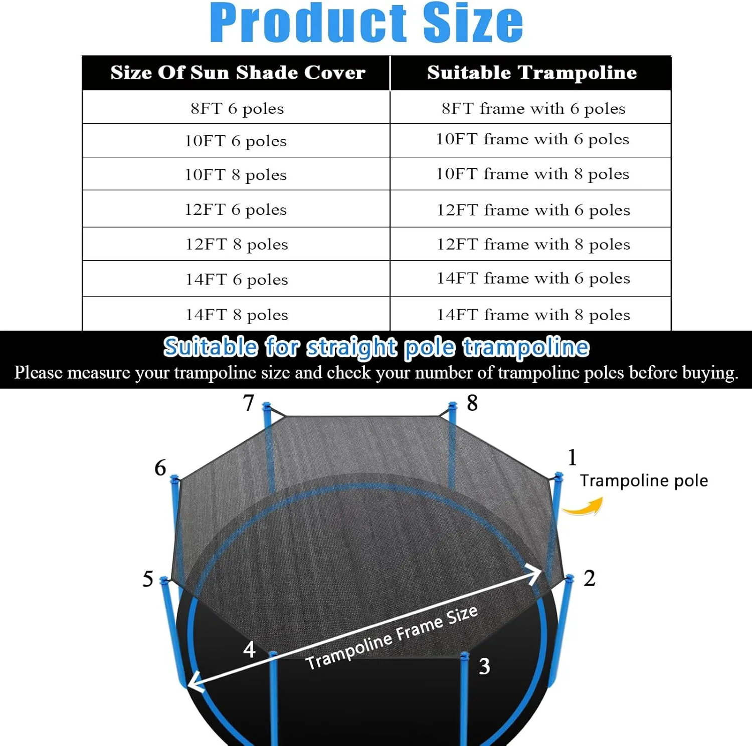 Trampoline Shade Cover, Trampoline Cover for 8FT 10FT 12FT 14FT 16FT Straight Pole Round Trampoline Sun Protection, Easy to Install,for Backyard Playground (12FT 6 Poles)
