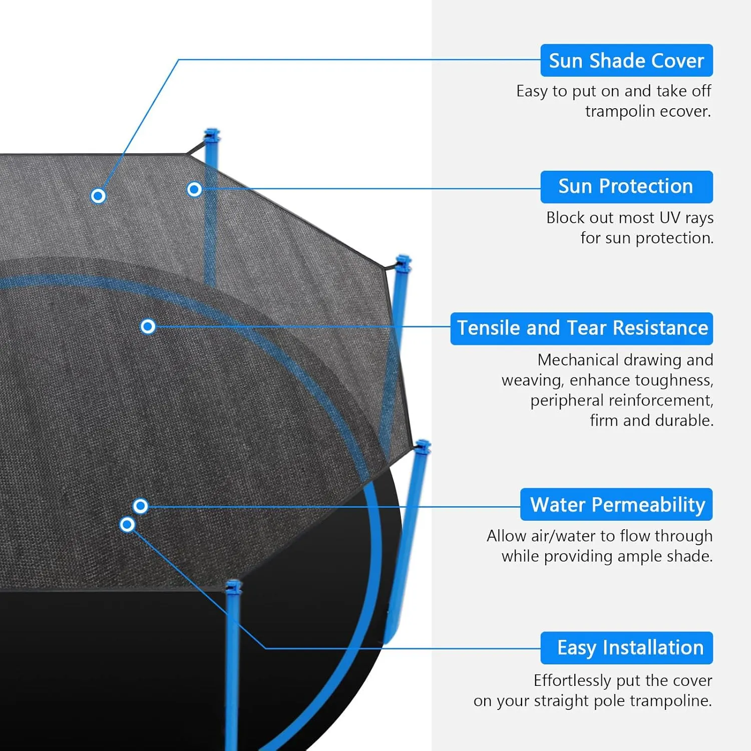 Trampoline Shade Cover, Trampoline Cover for 8FT 10FT 12FT 14FT 16FT Straight Pole Round Trampoline Sun Protection, Easy to Install,for Backyard Playground (12FT 6 Poles)
