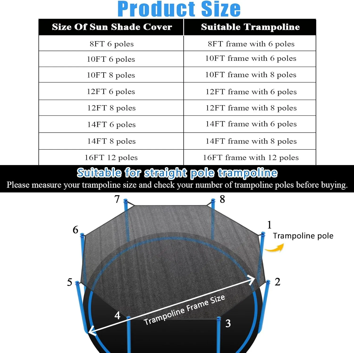 Trampoline Shade Cover, Trampoline Cover for 8FT 10FT 12FT 14FT 16FT Straight Pole Round Trampoline Sun Protection, Easy to Install,for Backyard Playground (14FT 8 Poles)