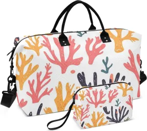 Travel Duffel Bag Colorful Corals Beige Weekender/Overnight Duffel Gym Tote Bag with Toiletry Bag for Trekking Foldable