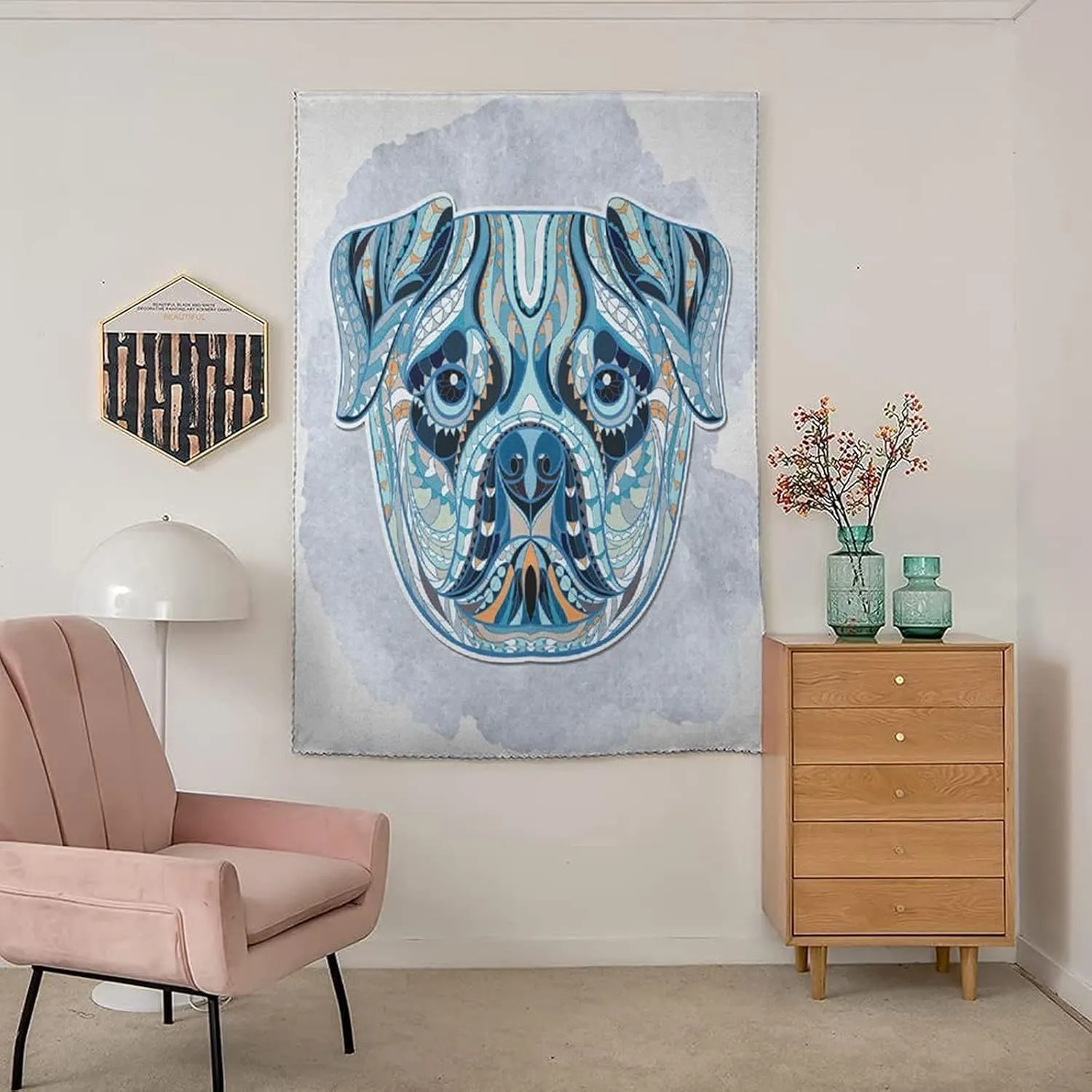 Travel Windows Blackout Curtain, Pug Curtain Shades, Tribal Patterned Head of Dog Various Geometrical Shapes Print Adjustable Temporary Blackout Shades,24W x40L Inches,, for Children Kids Bedroom