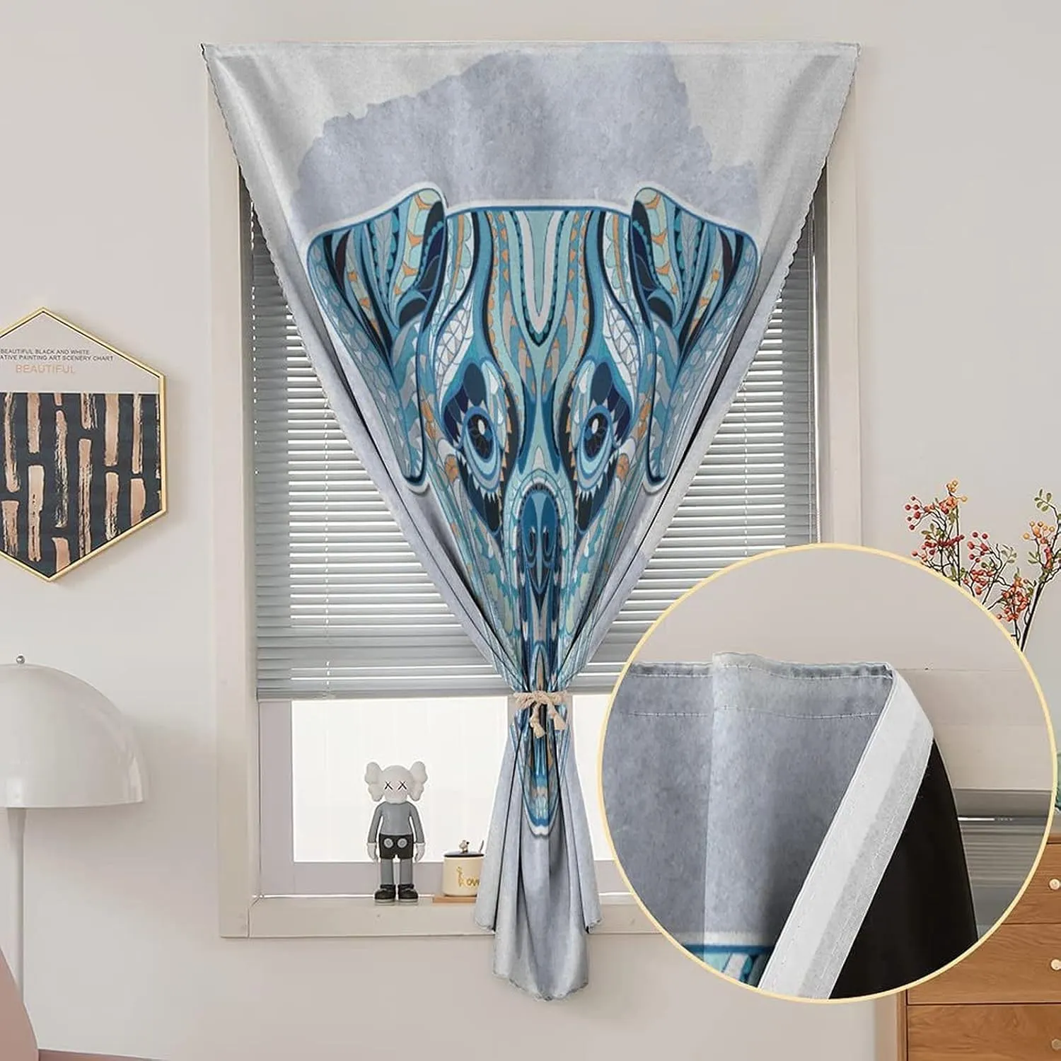 Travel Windows Blackout Curtain, Pug Curtain Shades, Tribal Patterned Head of Dog Various Geometrical Shapes Print Adjustable Temporary Blackout Shades,24W x40L Inches,, for Children Kids Bedroom