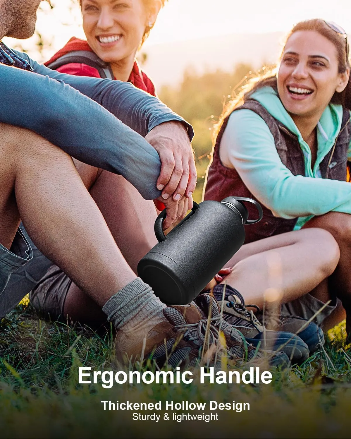 Trebo 64 oz Water Bottle Insulated with Handle, Half Gallon Stainless Steel Metal Large Water Jug, Travel Flask with Straw Spout Lid, Wide Mouth Mug with Carry Pouch, Keep Cold Hot, Black