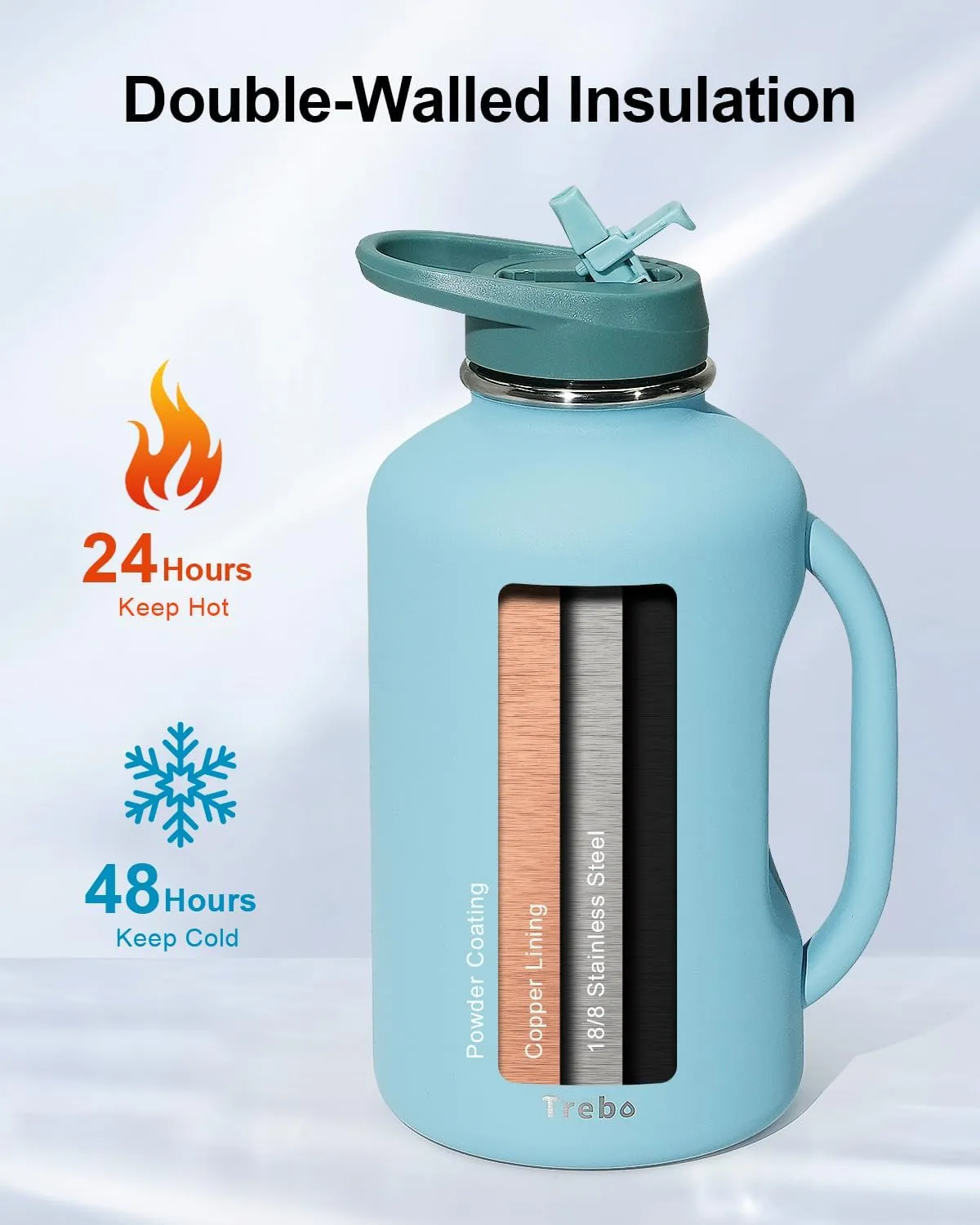 Trebo 64oz Water Bottle Insulated with Handle & Straw Lids, Half Gallon Vacuum Double Wall Water Jug,Keep 24hrs Cold Hot, Stainless Steel Metal Large Thermos, Wide Mouth Flask for Men with Carry Pouch