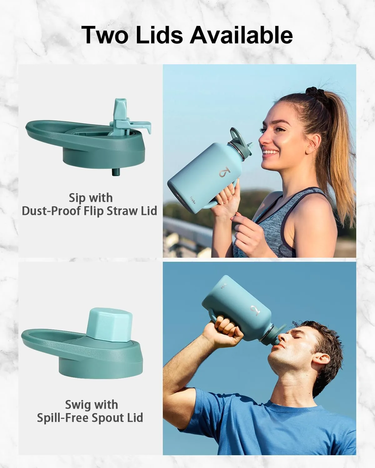 Trebo 64oz Water Bottle Insulated with Handle & Straw Lids, Half Gallon Vacuum Double Wall Water Jug,Keep 24hrs Cold Hot, Stainless Steel Metal Large Thermos, Wide Mouth Flask for Men with Carry Pouch