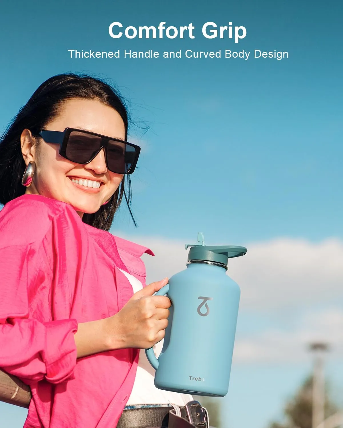 Trebo 64oz Water Bottle Insulated with Handle & Straw Lids, Half Gallon Vacuum Double Wall Water Jug,Keep 24hrs Cold Hot, Stainless Steel Metal Large Thermos, Wide Mouth Flask for Men with Carry Pouch