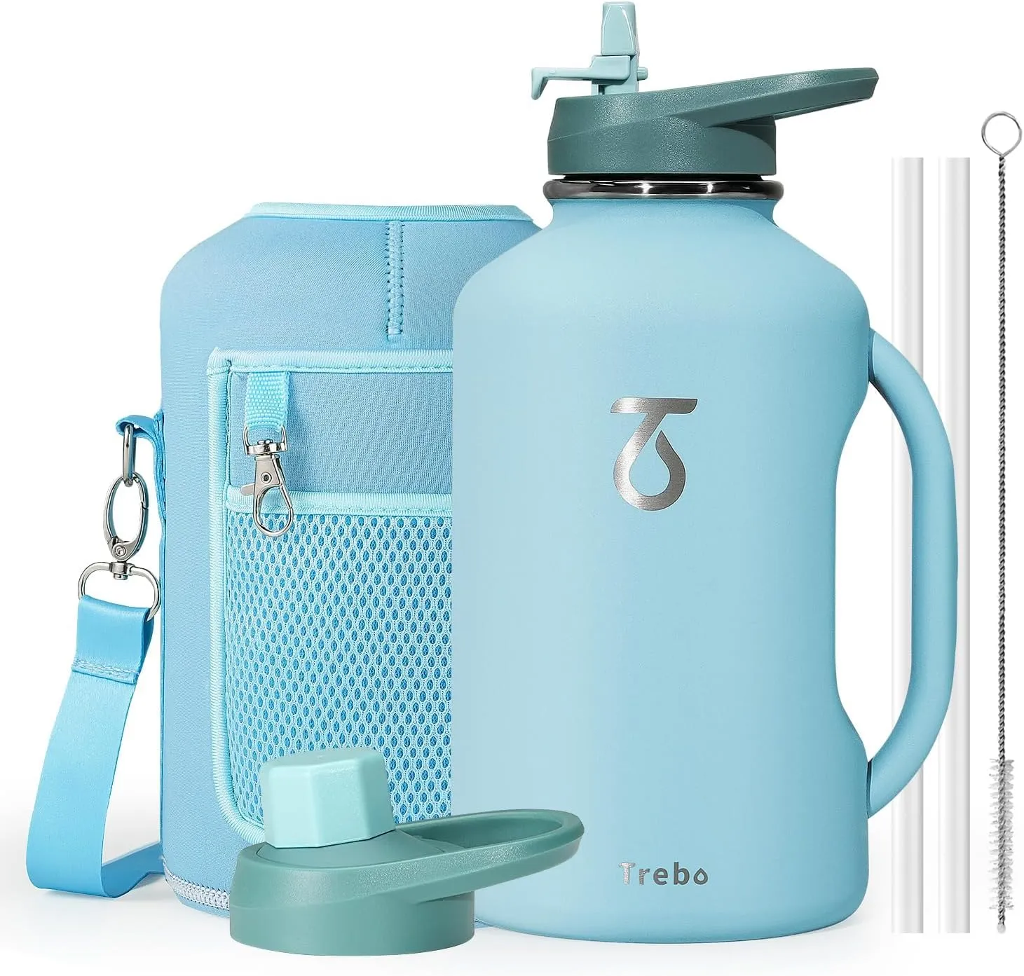 Trebo 64oz Water Bottle Insulated with Handle & Straw Lids, Half Gallon Vacuum Double Wall Water Jug,Keep 24hrs Cold Hot, Stainless Steel Metal Large Thermos, Wide Mouth Flask for Men with Carry Pouch