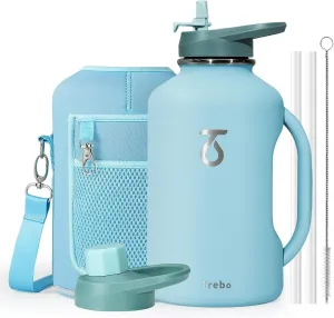 Trebo 64oz Water Bottle Insulated with Handle & Straw Lids, Half Gallon Vacuum Double Wall Water Jug,Keep 24hrs Cold Hot, Stainless Steel Metal Large Thermos, Wide Mouth Flask for Men with Carry Pouch