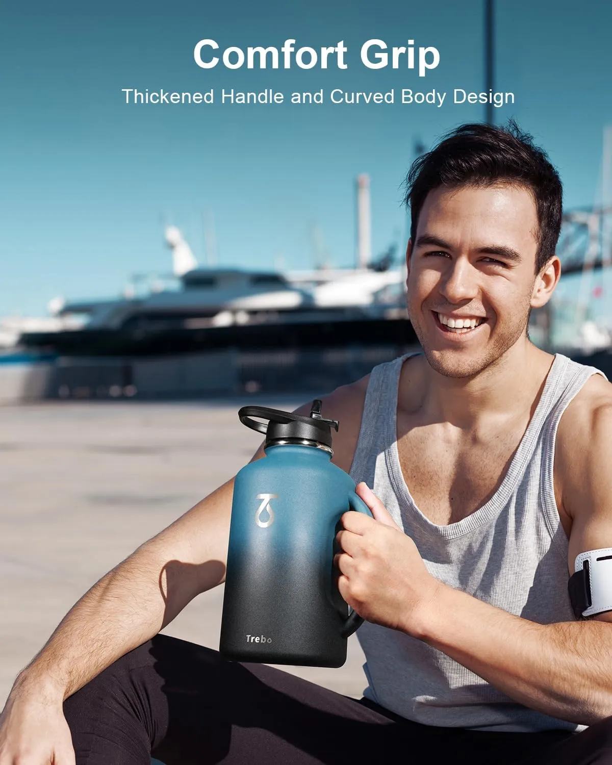 Trebo Half Gallon Water Bottle 64oz with Handle,Double Wall Vacuum Insulated Large Water Jug,Stainless Steel Water Bottle Flask,Gym Water Bottles For Men with Straw Spout Lids Strap,Indigo Black