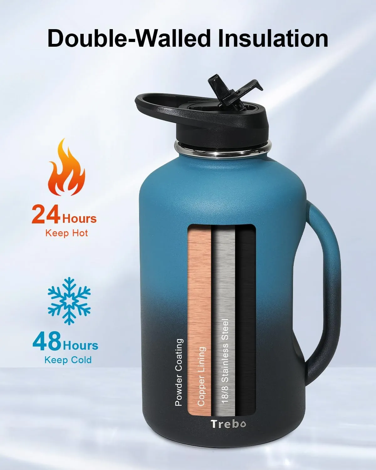 Trebo Half Gallon Water Bottle 64oz with Handle,Double Wall Vacuum Insulated Large Water Jug,Stainless Steel Water Bottle Flask,Gym Water Bottles For Men with Straw Spout Lids Strap,Indigo Black