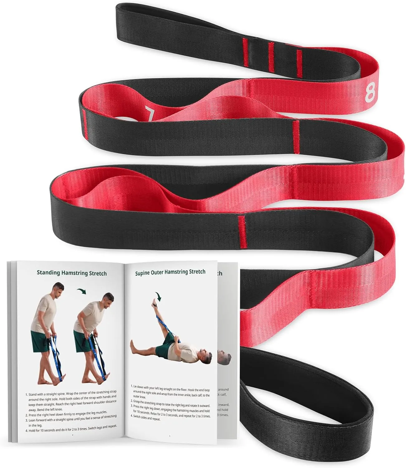 Trideer Stretching Strap for Physical Therapy, Non-Elastic Yoga Strap with 10 Loops, Durable Nylon Stretch Bands for Exercise, Pilates, Gymnastics, Leg Stretcher with Training Manual and Poster