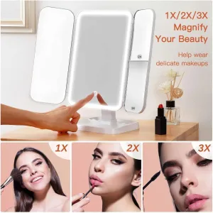 Triple Makeup Mirror with LED Light - Smart Lighted Vanity Mirror, Foldable and Adjustable for Bedroom or Vanity