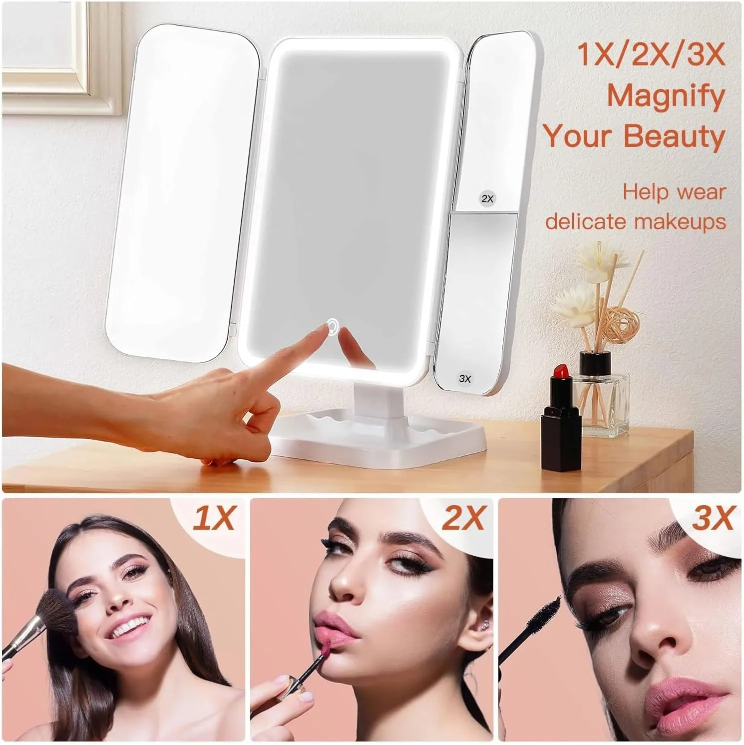 Triple Makeup Mirror with LED Light - Smart Lighted Vanity Mirror, Foldable and Adjustable for Bedroom or Vanity