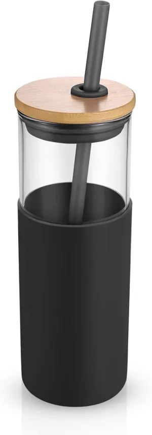 Tronco 24 oz Glass Tumbler with Straw and Lid - Glass Cup with Lid and Straw, Smoothie Cup, Iced Coffee Cup - Bamboo Lid and Protective Silicone Sleeve - BPA-Free