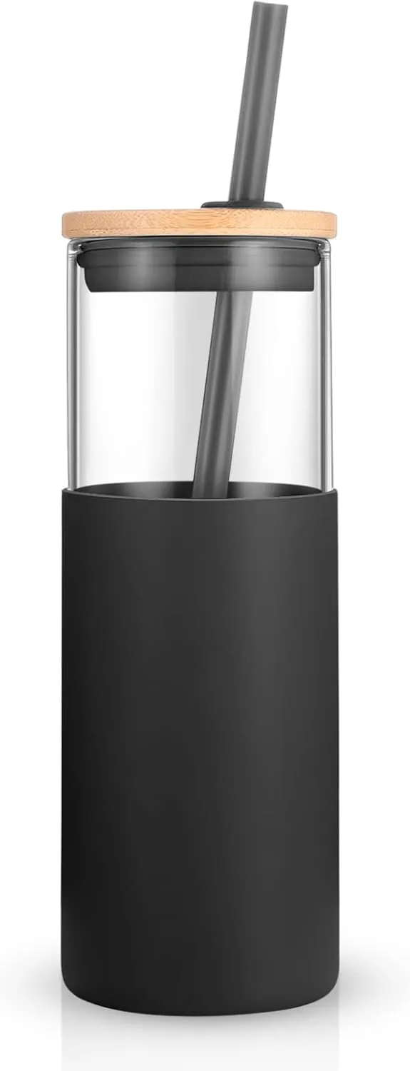 Tronco 24 oz Glass Tumbler with Straw and Lid - Glass Cup with Lid and Straw, Smoothie Cup, Iced Coffee Cup - Bamboo Lid and Protective Silicone Sleeve - BPA-Free