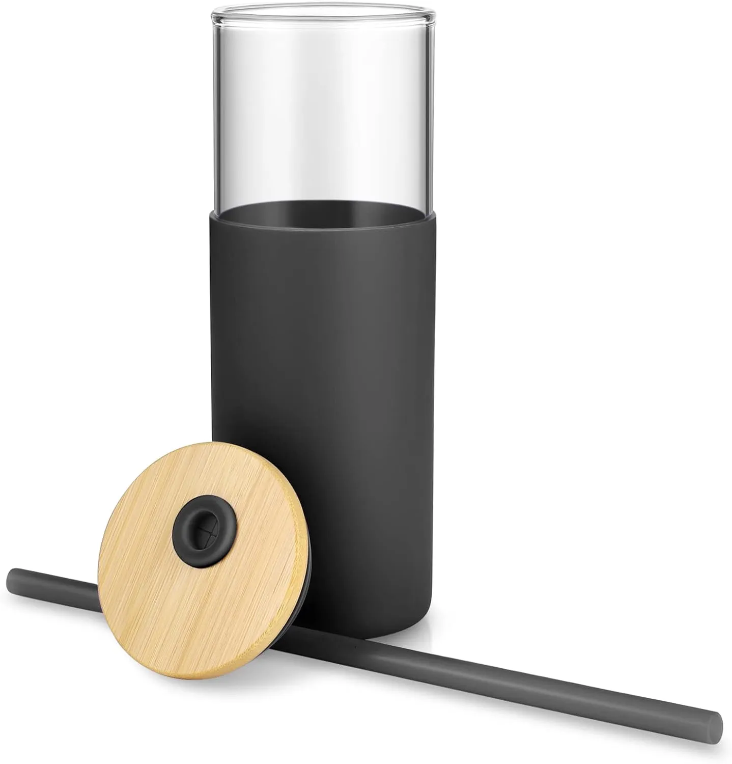 Tronco 24 oz Glass Tumbler with Straw and Lid - Glass Cup with Lid and Straw, Smoothie Cup, Iced Coffee Cup - Bamboo Lid and Protective Silicone Sleeve - BPA-Free