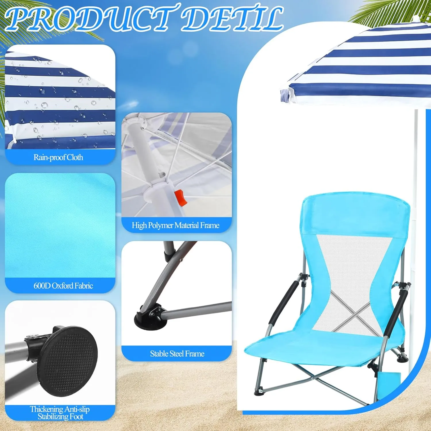 Tudomro 2 Pack Beach Chairs for Adult with Umbrella Cup Holder and Carry Bag Low Folding Camping Heavy Duty Portable Outdoor High Back Beach Foldable Lawn Chairs (Blue)