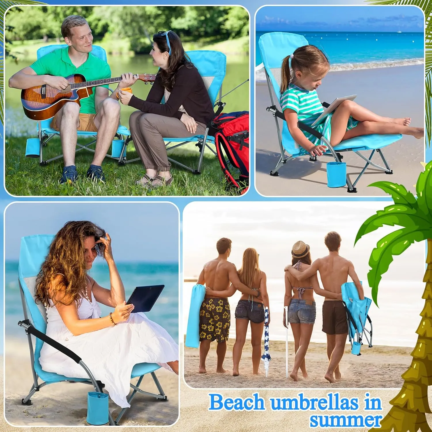 Tudomro 2 Pack Beach Chairs for Adult with Umbrella Cup Holder and Carry Bag Low Folding Camping Heavy Duty Portable Outdoor High Back Beach Foldable Lawn Chairs (Blue)