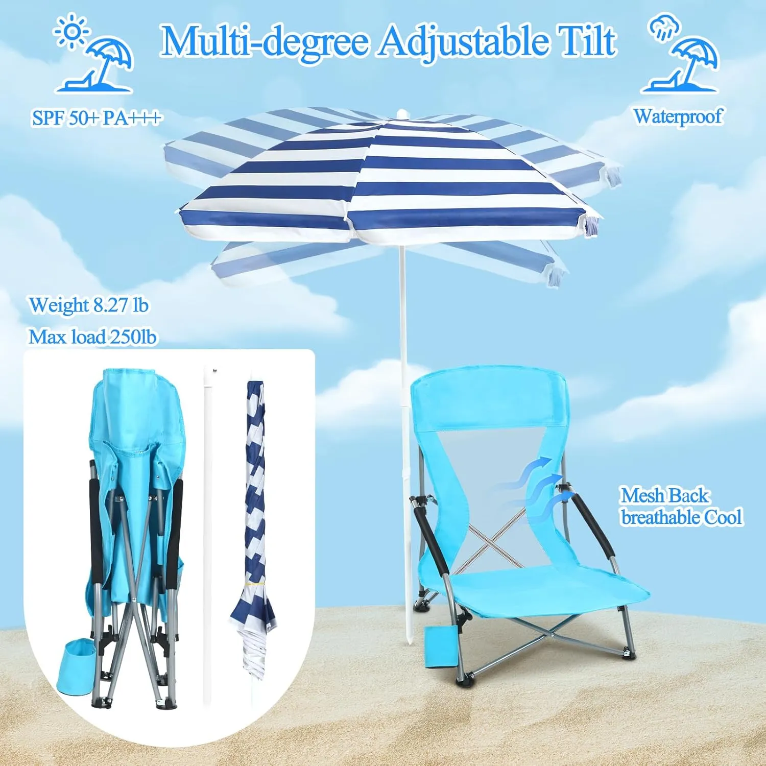 Tudomro 2 Pack Beach Chairs for Adult with Umbrella Cup Holder and Carry Bag Low Folding Camping Heavy Duty Portable Outdoor High Back Beach Foldable Lawn Chairs (Blue)