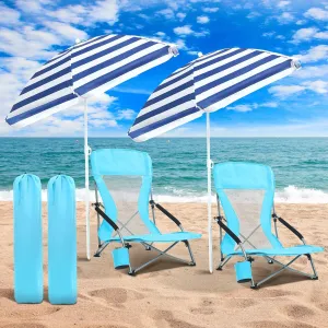 Tudomro 2 Pack Beach Chairs for Adult with Umbrella Cup Holder and Carry Bag Low Folding Camping Heavy Duty Portable Outdoor High Back Beach Foldable Lawn Chairs (Blue)