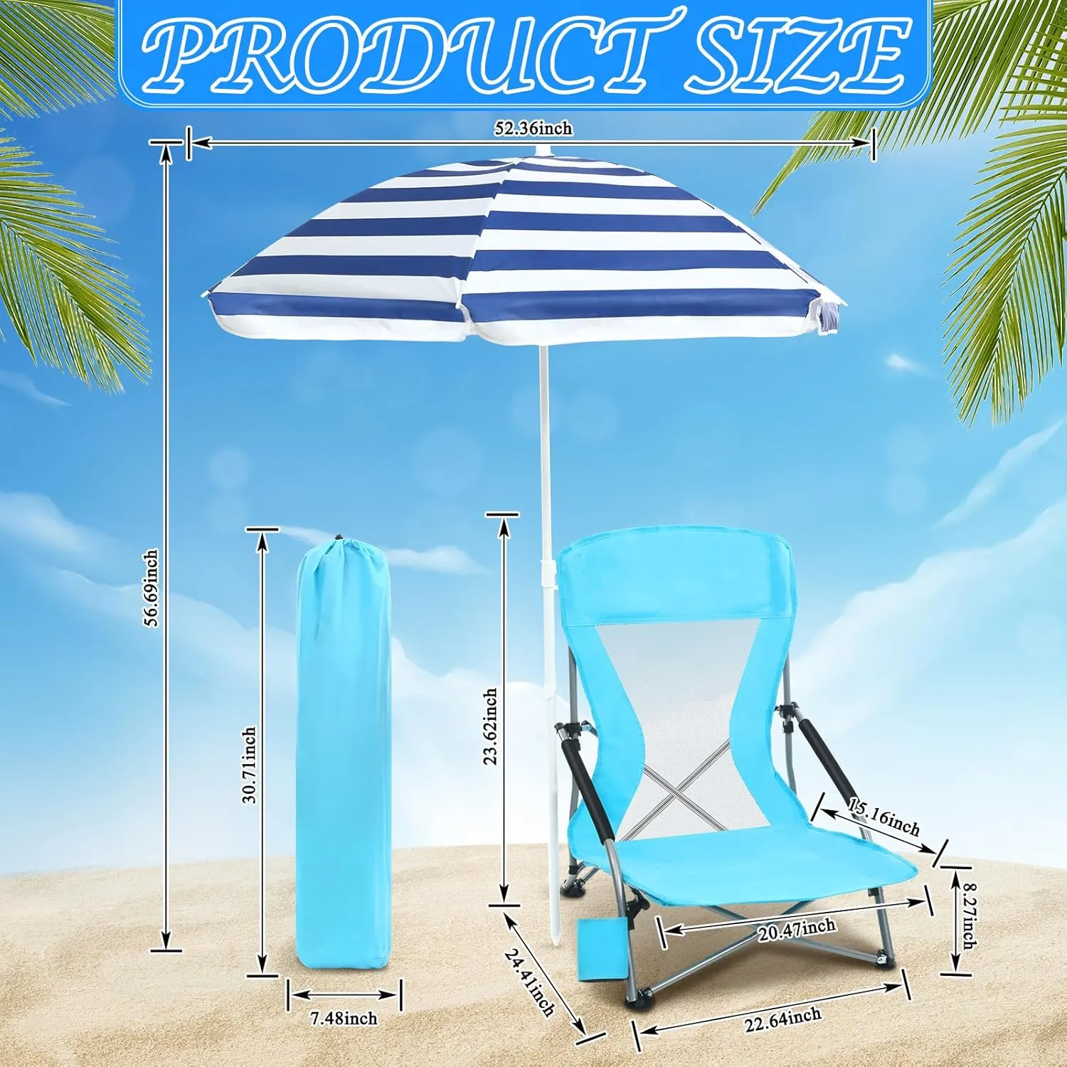 Tudomro 2 Pack Beach Chairs for Adult with Umbrella Cup Holder and Carry Bag Low Folding Camping Heavy Duty Portable Outdoor High Back Beach Foldable Lawn Chairs (Blue)