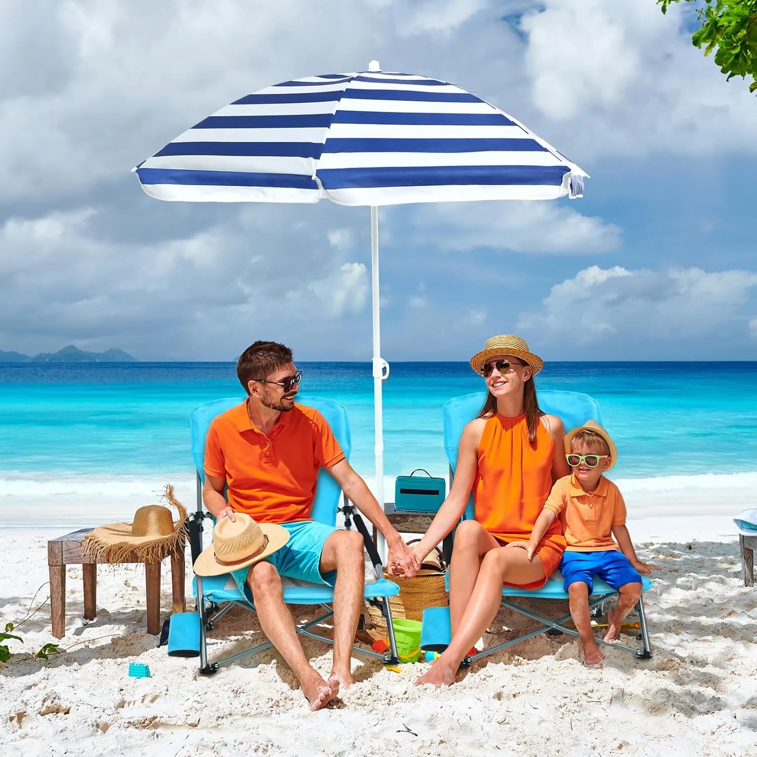 Tudomro 2 Pack Beach Chairs for Adult with Umbrella Cup Holder and Carry Bag Low Folding Camping Heavy Duty Portable Outdoor High Back Beach Foldable Lawn Chairs (Blue)
