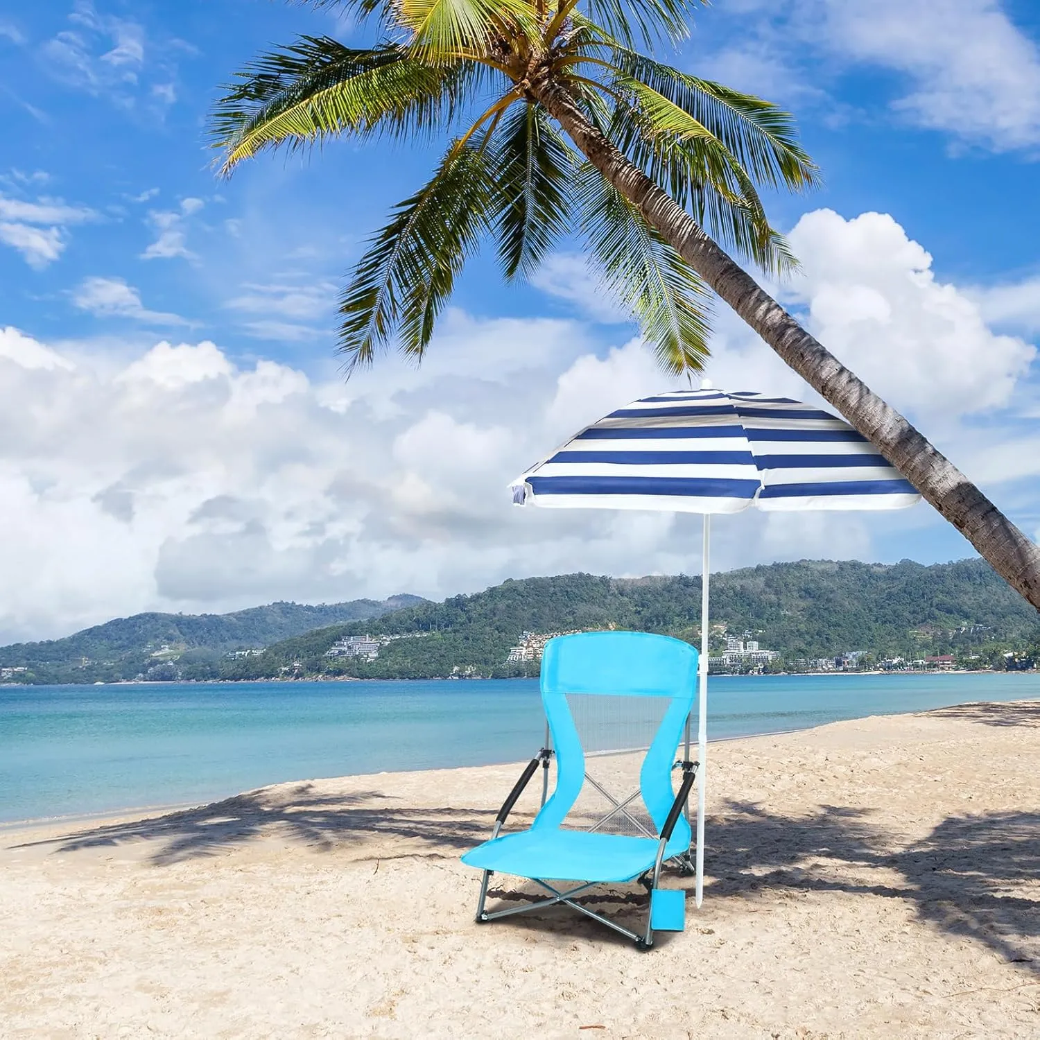 Tudomro 2 Pack Beach Chairs for Adult with Umbrella Cup Holder and Carry Bag Low Folding Camping Heavy Duty Portable Outdoor High Back Beach Foldable Lawn Chairs (Blue)