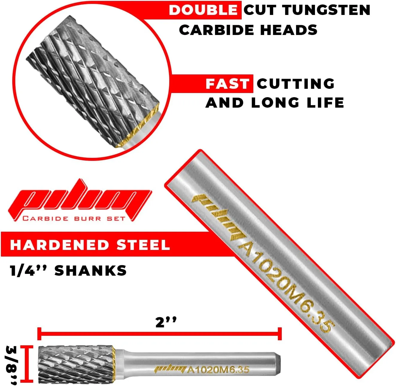 Tungsten Carbide Burr Set 1/4" Shank 10PC Double Cut Rotary Cutting Burrs Die Grinder Bits for Steel and Wood Working, Grinding, Carving, and Engraving