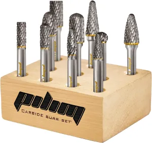 Tungsten Carbide Burr Set 1/4" Shank 10PC Double Cut Rotary Cutting Burrs Die Grinder Bits for Steel and Wood Working, Grinding, Carving, and Engraving