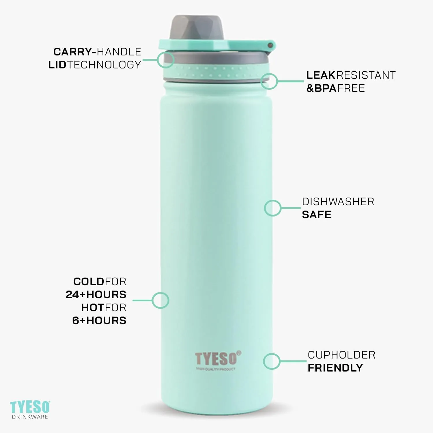 TYESO Water Bottle with Carrying Handle Lid | Insulated Stainless Steel Thermos | Travel Water Bottles for Gym & Sports | Leak Proof & BPA Free | Quick Flip Go Collection | 25oz (Black)