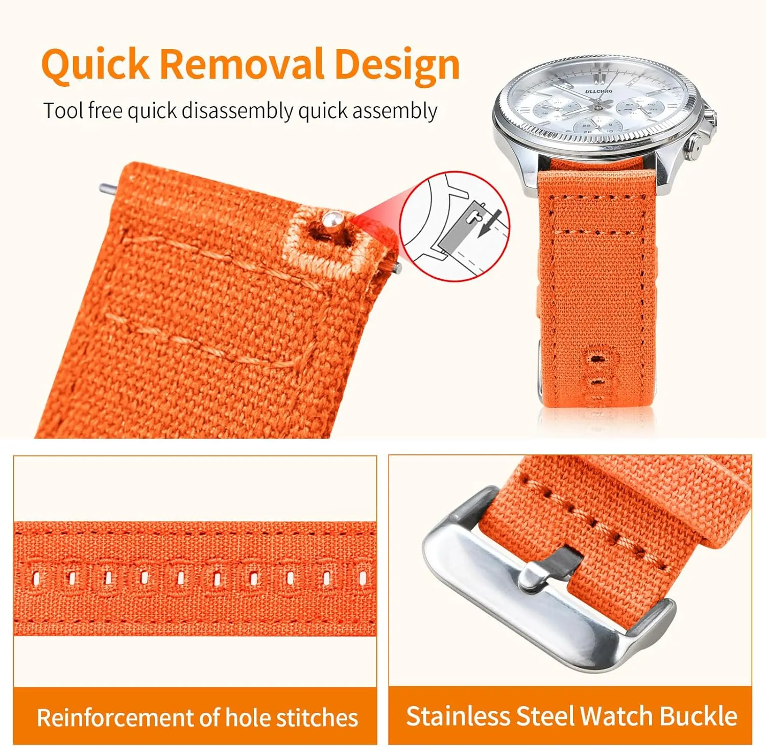 ULLCHRO Canvas Watch Band Straps - Quick Release - Replacement Bands for Men Women - Wristbands Bracelet for Watch - Choice of 18mm 19mm 20mm 22mm 24mm