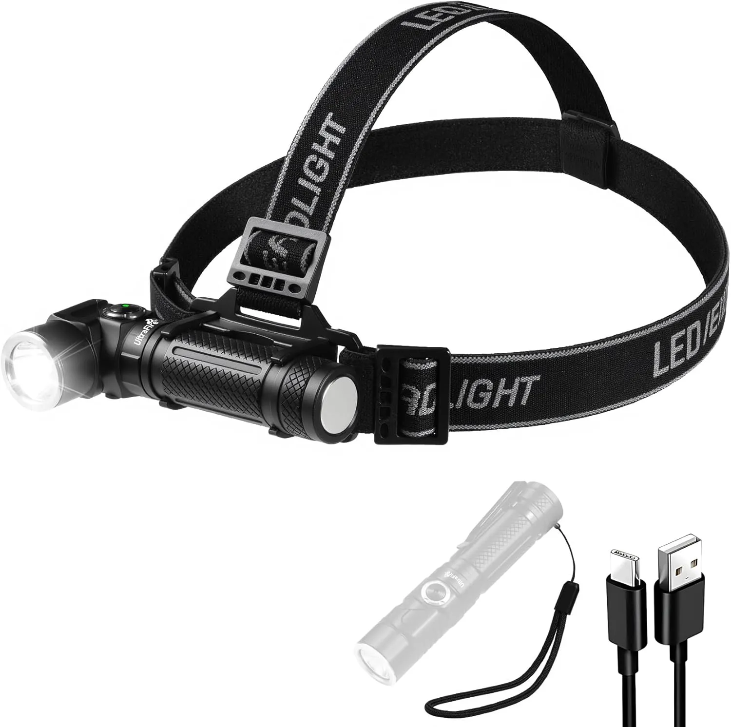 ULTRAFIRE 1000LM Led Flashlight (D232) Headlamp with Magnetic Tactical Flashlight and 5 Models Flashlight Ultra-Light Bright LED Rechargeable Headlight for Outdoor Camping Fishing.